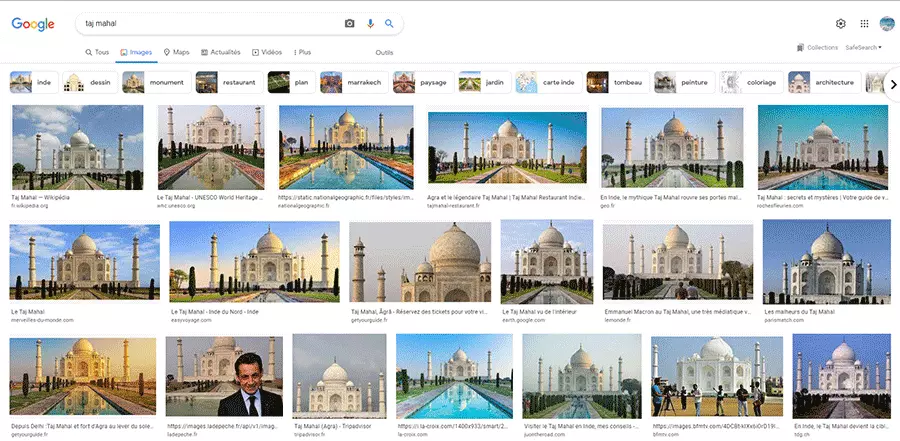 Recherche du Taj Mahal sur Google images